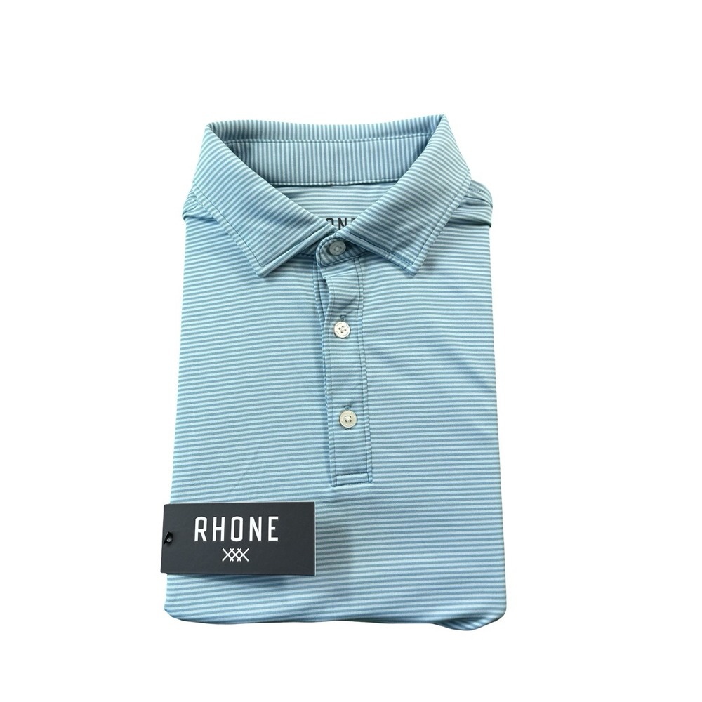 Rhone Drive Time Polo Mens Small Azure Blue Striped Performance Shirt 102727-980